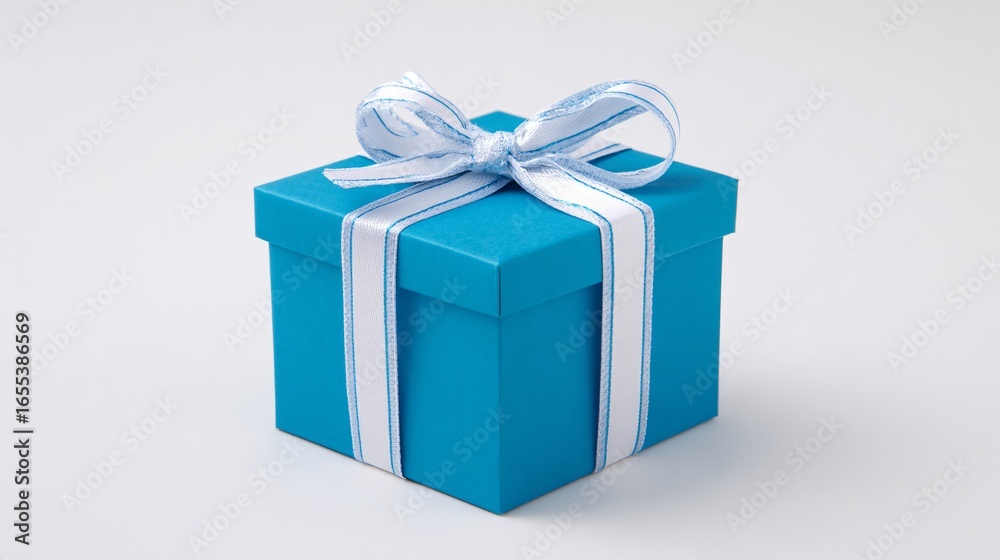 Obraz premium Elegant Blue Gift Box with White Ribbon on White Background