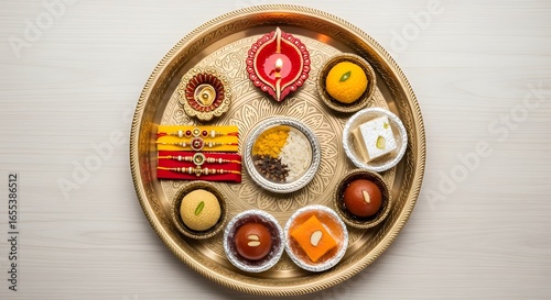 Festive Indian Thali: Traditional Sweets, Diyas, and Rakhis for Cultural Celebrations.