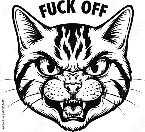 Black and white graphic of an enraged cat's head with bared fangs and an offensive phrase.