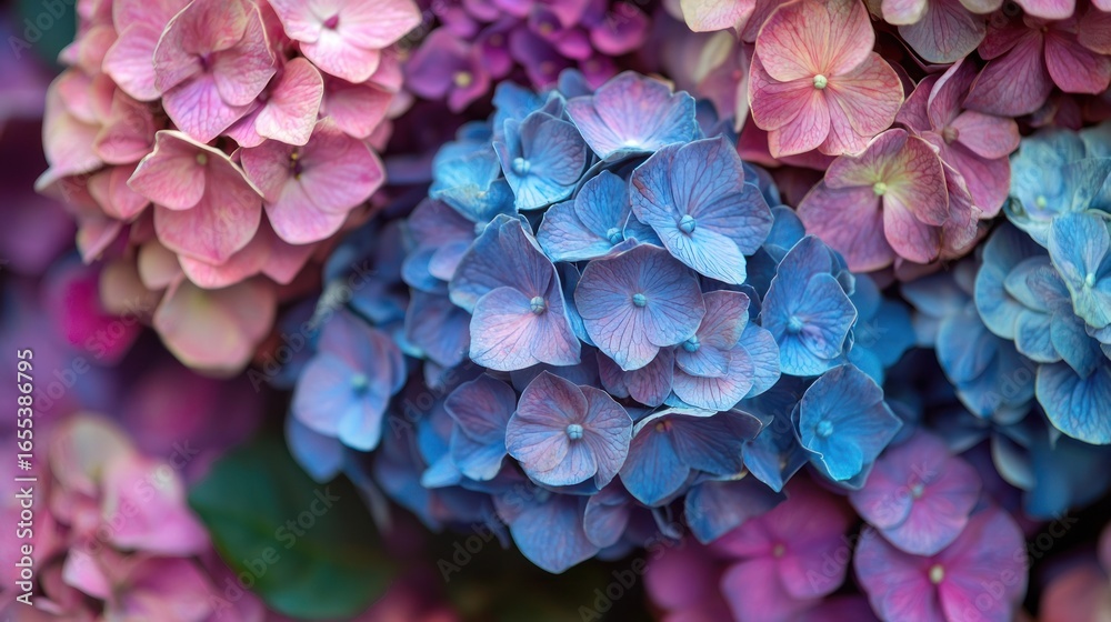 Obraz premium A vibrant display of hydrangea flowers in shades of pink and purple, with a blue hue, set against a blurred green background, creating a soft,