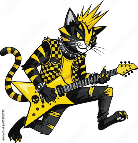 A punk rock cat with a yellow mohawk and studded vest plays a yellow electric guitar with a skull emblem, embodying a rebellious musical spirit.
