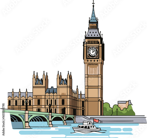 Vector Art of a Prominent Clock Tower and Grand Architectural Building Along the River, a Symbol of a European Capital and Global Travel Destination.