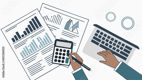 Business Analysis Illustration with Charts Calculator and Laptop.