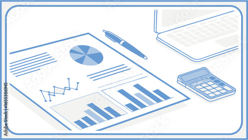 Business Analysis Illustration with Charts Pen Laptop and Calculator.