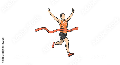 Illustration of runner winning race crossing finish line marathon achievement success competition sport victory -