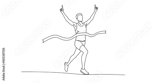 Runner crossing finish line vector illustration for marathon race competition sport event and athletics 10k run -