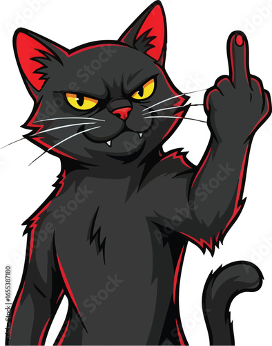 A fierce black cat with glowing yellow eyes and red-lined ears provocatively raises its middle finger in a defiant gesture.