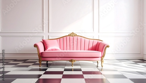 A lavish, opulent pink chaise lounge graces a sunlit, classic interior with detailed white walls and a checkered floor.