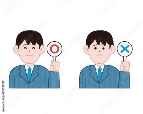 会社員 男性 ビジネスマン ○× サイン ボードを持つ 判断 OK NG イラスト