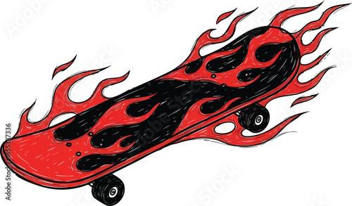 A red skateboard with a black flame design, depicted in motion with fiery red flames erupting around it.
