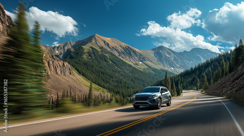 SUV cruising along a scenic mountain highway