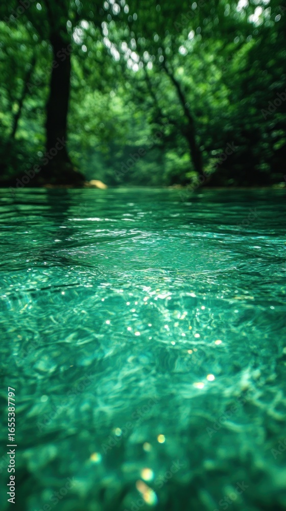 Fototapeta premium Crystal-clear turquoise water reflecting lush forest