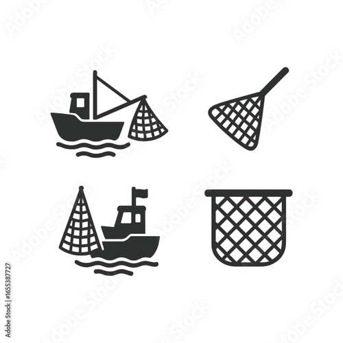 Fishing Boats and Nets Icon Set