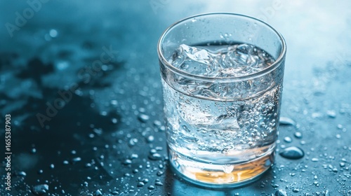 A glass of water with ice cubes, placed on a dark blue surface with water droplets, against a dark blue background.