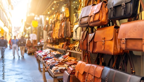 Leather bags on display in a European street market