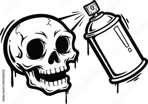 Artistic illustration depicting a skull being sprayed by a graffiti aerosol can, creating art.
