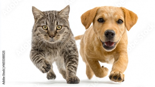 Playful Cat and Dog Running Together Isolated on White Background