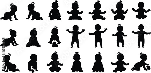 Collection of baby silhouettes, crawling, sitting, standing, playing, infant poses, child development, vector clipart, toddler design, graphic illustration