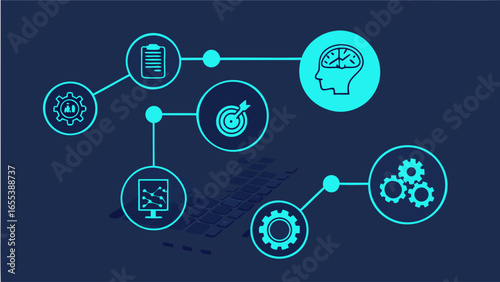 Connected Business Process Icons with Gears Target and Brain.