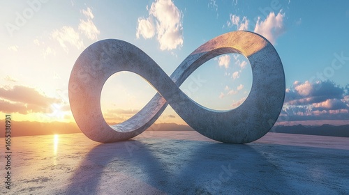 A large, abstract infinity symbol made of concrete, standing on a flat, concrete surface with a clear blue sky and fluffy white clouds in the background.