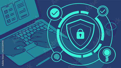 Cyber Security Protection Digital Shield with Padlock and Key.