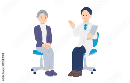 診断･説明する男性医師とシニアの女性患者【人物ベクターイラスト素材】