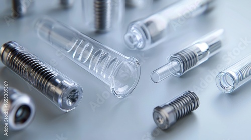 A collection of metallic and plastic test tubes and screws, arranged on a reflective surface with a blurred background.