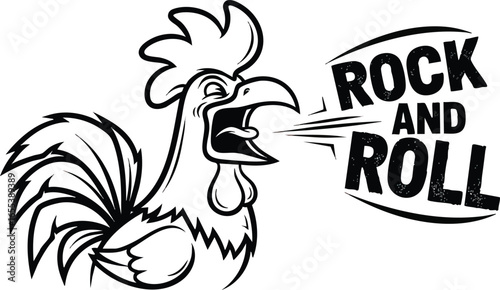 Cartoon rooster with open beak, proclaiming "Rock and Roll" in a speech bubble.