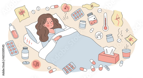 illustration of a sick woman and medicine