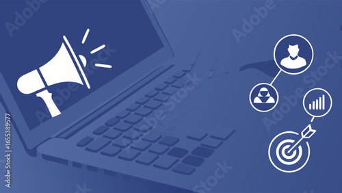 Digital Marketing Campaign Laptop with Megaphone and User Icons.