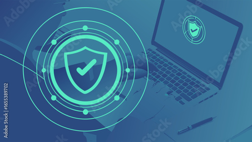 Digital Security Concept Laptop User with Shield Icon and Circular Graphic.