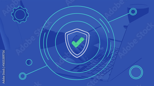 Digital Security Shield with Green Checkmark Symbol.