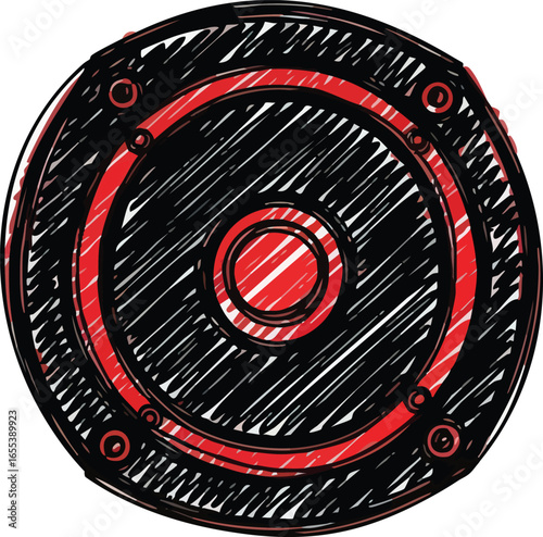 A hand-drawn scribble illustration of a round audio speaker with black and red concentric circles.