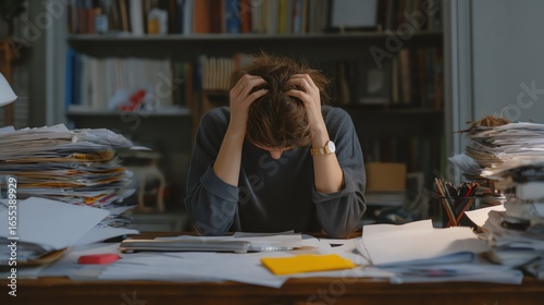 A person appears overwhelmed by paperwork, with their head in their hands, surrounded by a chaotic desk filled with stacks of documents.