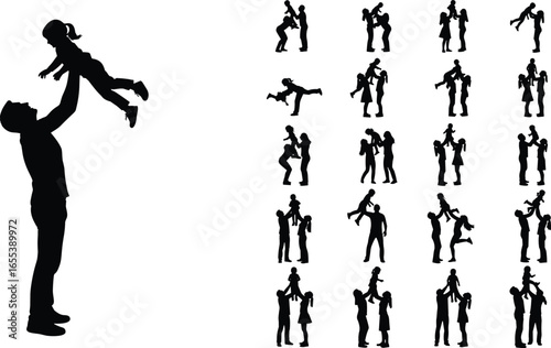Father lifting child silhouette, joyful family bonding, playful parent-child moments, happy childhood memories, emotional connection, love, parenting, stock photo