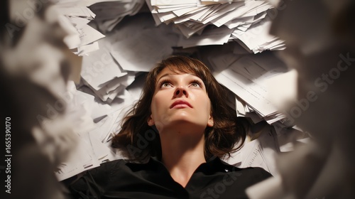 A woman lies amidst a chaotic pile of papers, looking upward, evoking feelings of overwhelm and contemplation.