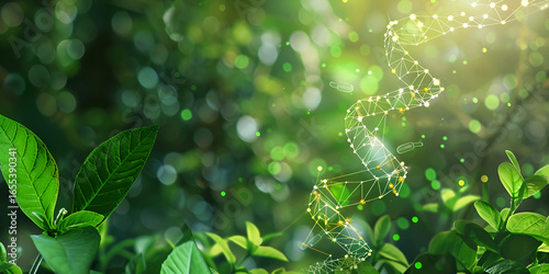 Green Biotechnology Concept with DNA Helix and Leaves | Genetic Science and Nature Integration in Eco Scene | DNA Research and Sustainable Innovation Theme
