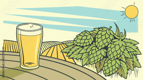 Freshly Brewed Beer with Hops and Farmland.