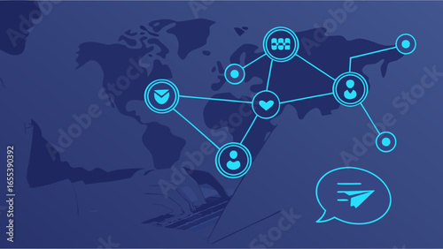 Global Communication Network on Laptop with World Map Background.