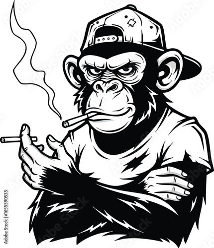A rebellious chimpanzee in a backward cap and t-shirt smokes cigarettes with a tough, angry expression.