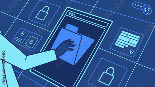 Hand Cleaning Digital Folder on Interface with Security Icons.