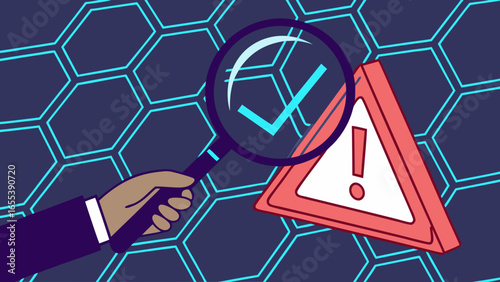 Hand Holding Magnifying Glass Inspecting a Warning Sign.