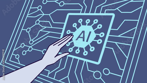 Hand Interacting with AI Interface on Circuit Board.