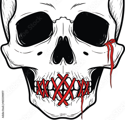 A graphic illustration of a human skull with its mouth sewn shut with a crisscrossing red thread.