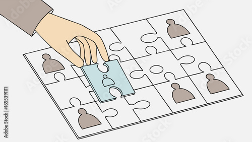 Hand Placing a Blue Puzzle Piece with a Person Icon into a Jigsaw Puzzle.