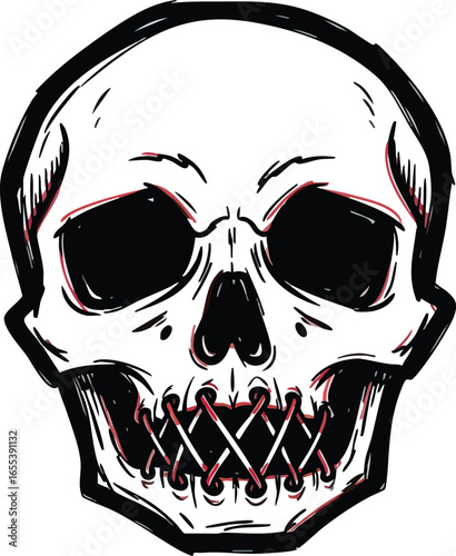 A stylized black and white illustration of a human skull with stitched mouth, representing silence.