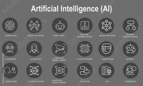 Minimal Outline AI Icon Set – Brain Chip, Neural Network, Chatbot, Machine Learning & More