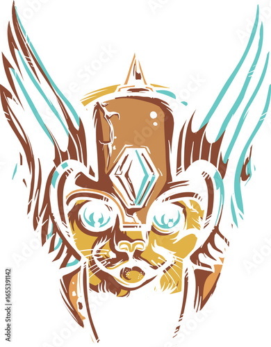 Valkyrie Cat Warrior - Stylized Mythical Feline Illustration T-Shirt Design