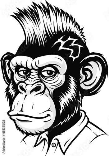 A black and white illustration of a chimpanzee with a stylish mohawk hairstyle.