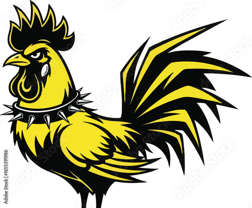 A stylized illustration of a yellow and black rooster with a spiked collar, standing proudly.